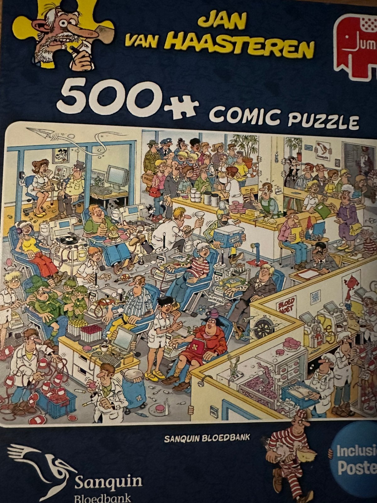 Jan van Haasteren puzzel Sanquin Bloedbank 500 stukjes, Ophalen of Verzenden, 500 t/m 1500 stukjes, Zo goed als nieuw, Legpuzzel