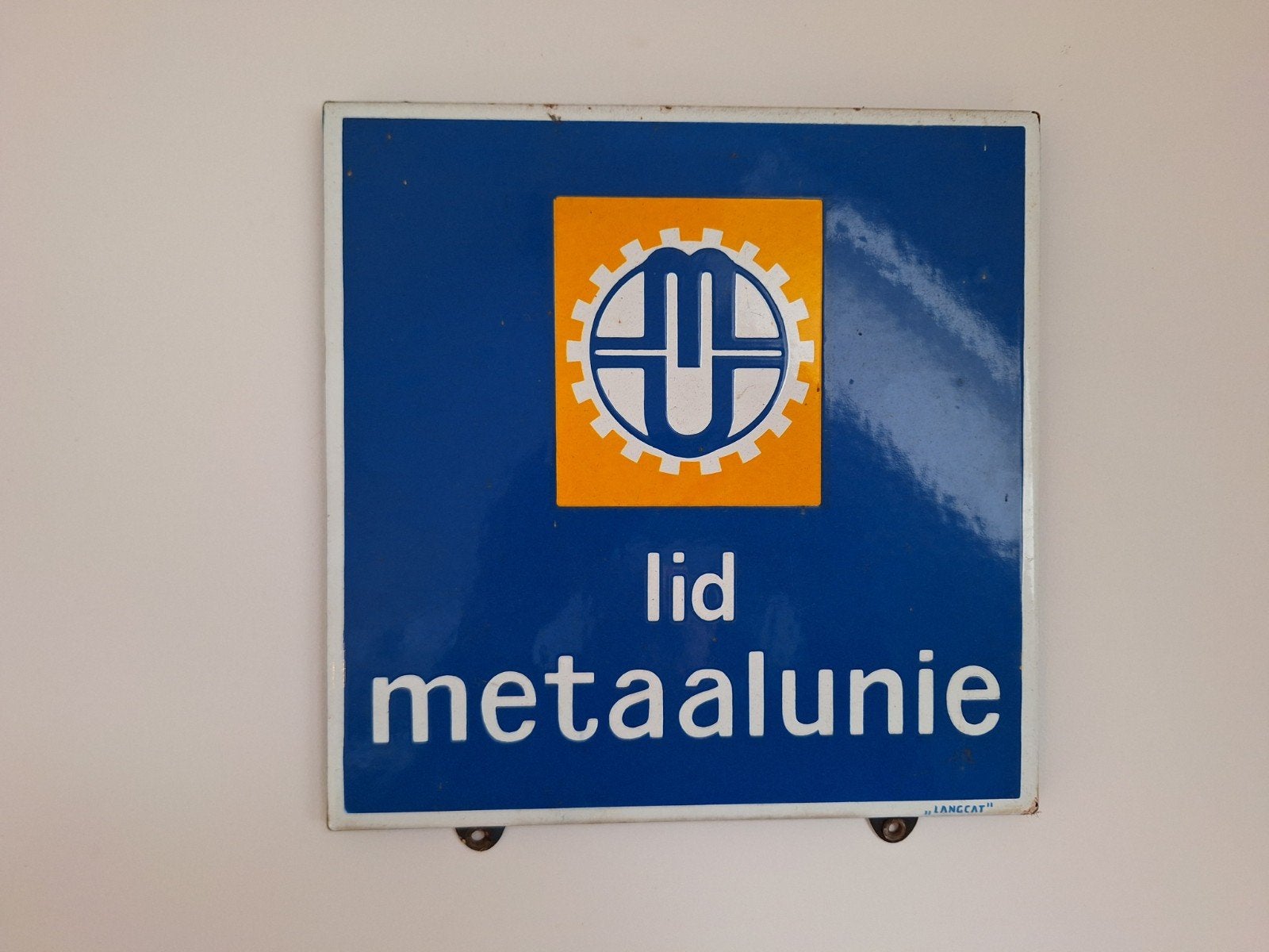 Emaille reclamebord Langcat Lid Metaalunie, Verzamelen, Merken en Reclamevoorwerpen, Ophalen, Gebruikt, Reclamebord