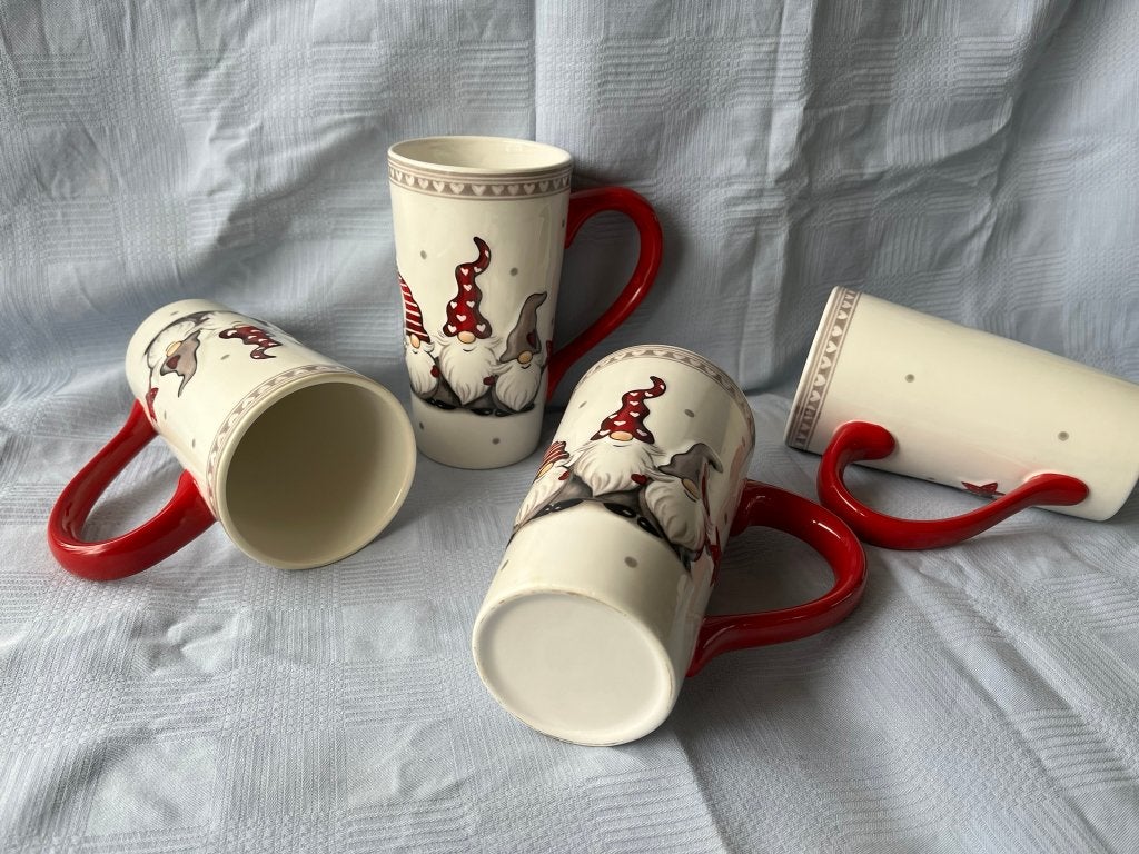 4 Handbeschilderd keramische mok, Kerst Koffie Thee Chocomel, Ophalen, Zo goed als nieuw