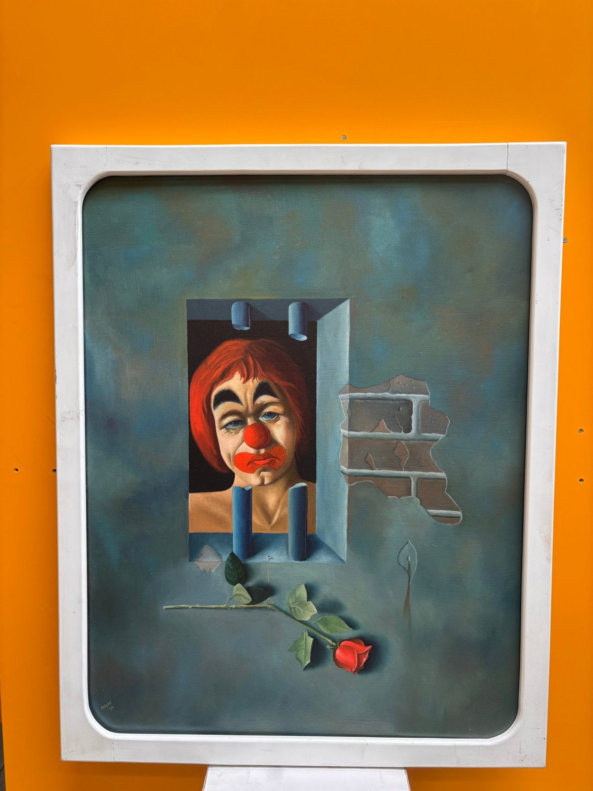 Schilderij André van Loon - Clown met roos (98x78 cm), Figuren, Handgeschilderd, Ophalen of Verzenden, Olieverf