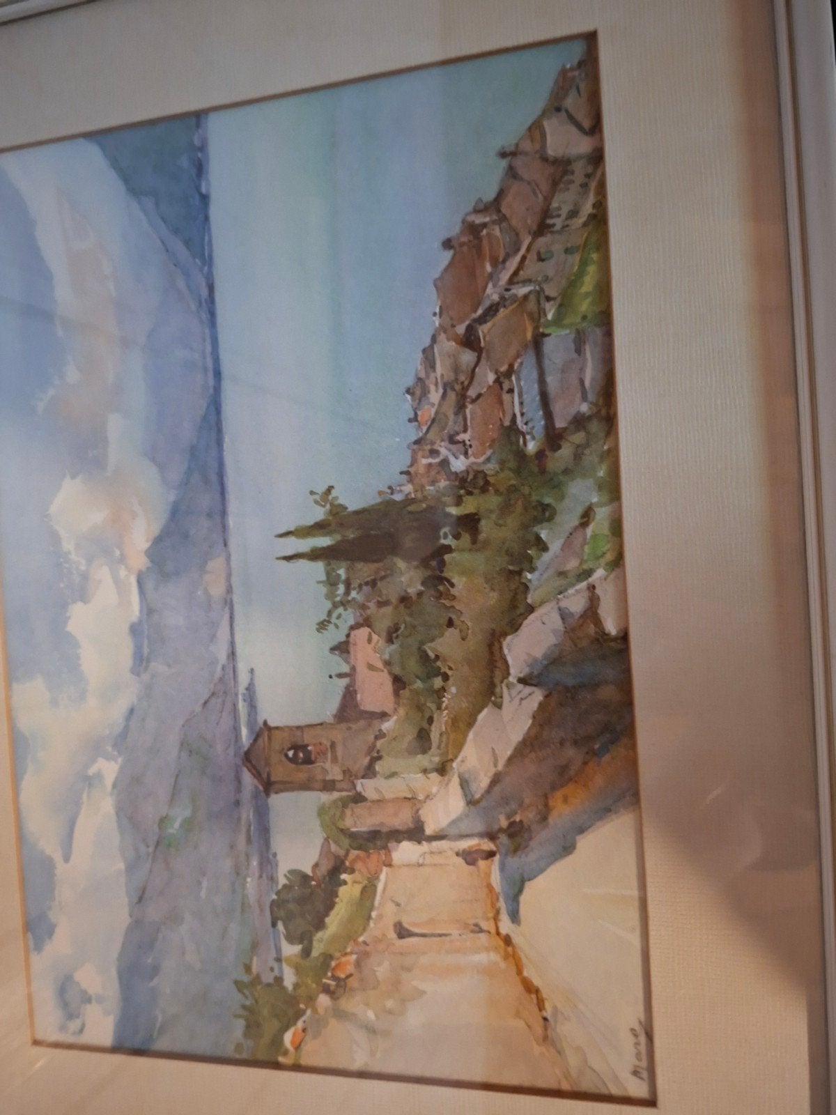 Sfeervolle Aquarel: Kustlandschap met Huisjes, Realistisch, Ophalen of Verzenden, Landschap, Aquarel