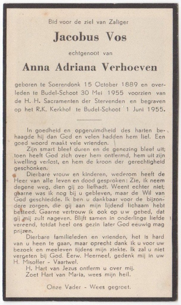 Jacobus Vos 1889 Soerendonk + 1955 Budel-Schoot, 65 jaar, Verzenden