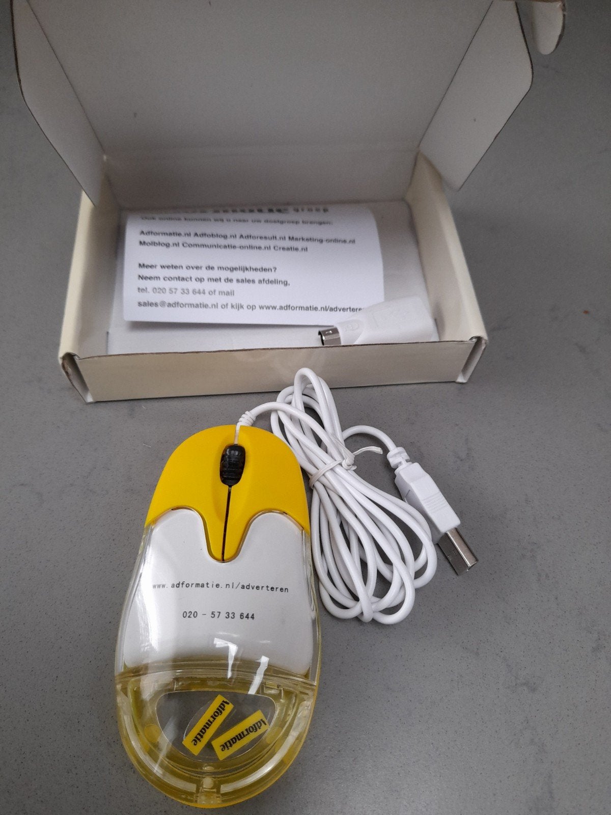 Bedrade USB Muis - Adformatie Groep - Geel/Transparant, Computers en Software, Muizen, Muis, Ophalen of Verzenden, Zo goed als nieuw