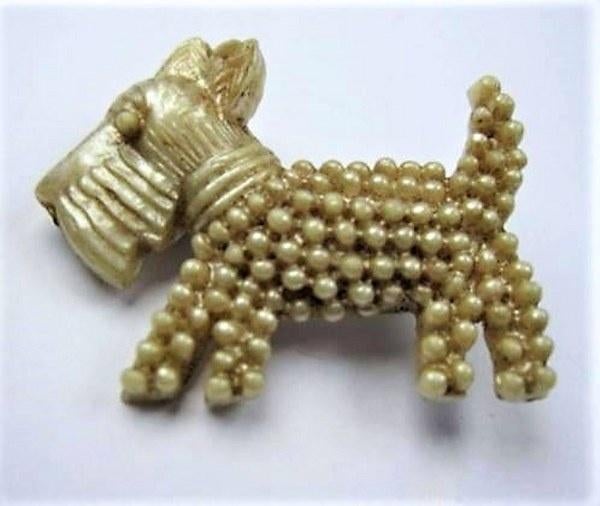 Prachtige Art Deco broche Foxterriër Celluloid Parelmoer, Ophalen, Overige materialen, Broche