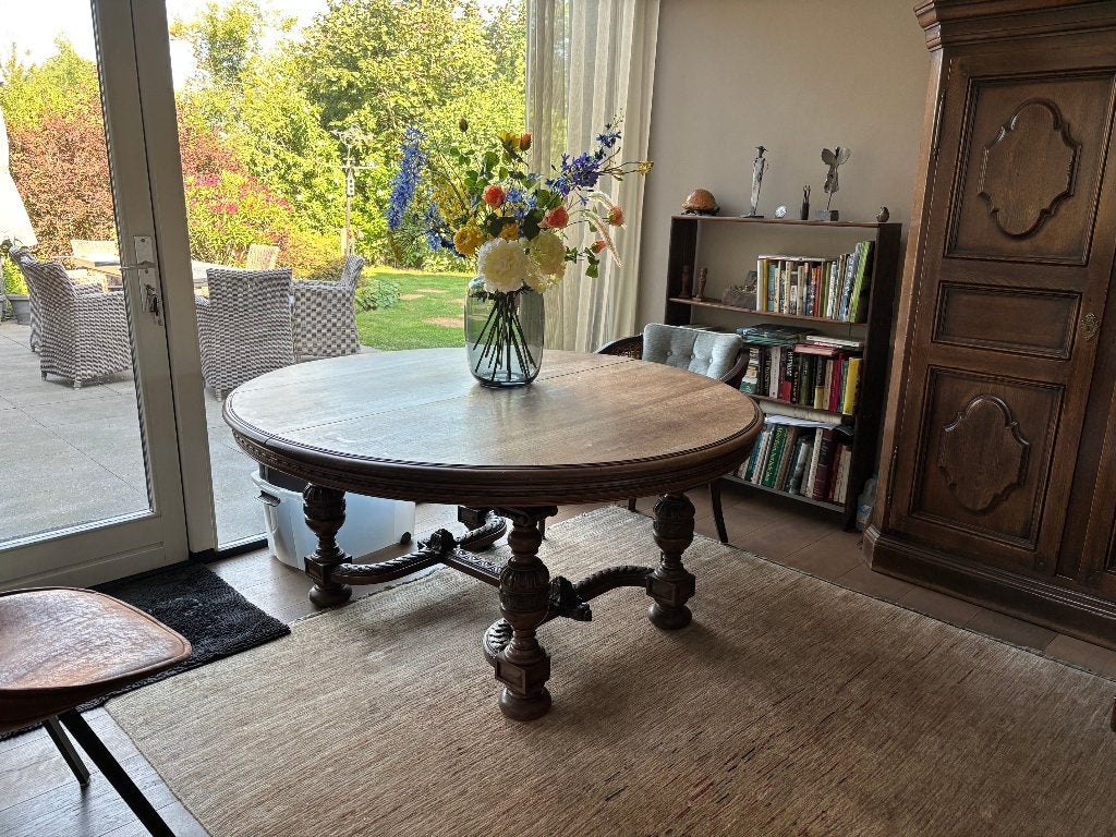 Prachtige klassieke massief houten uitschuifbare eettafel, Ophalen, Gebruikt, 100 tot 150 cm, Klassiek