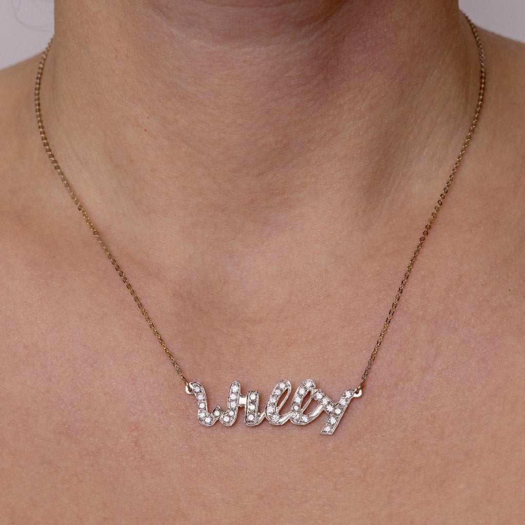 Diamanten zeer fraaie 18k gouden ketting Willy briljant naam, Voordeelsieraden, Ophalen of Verzenden, Zo goed als nieuw, Met edelsteen