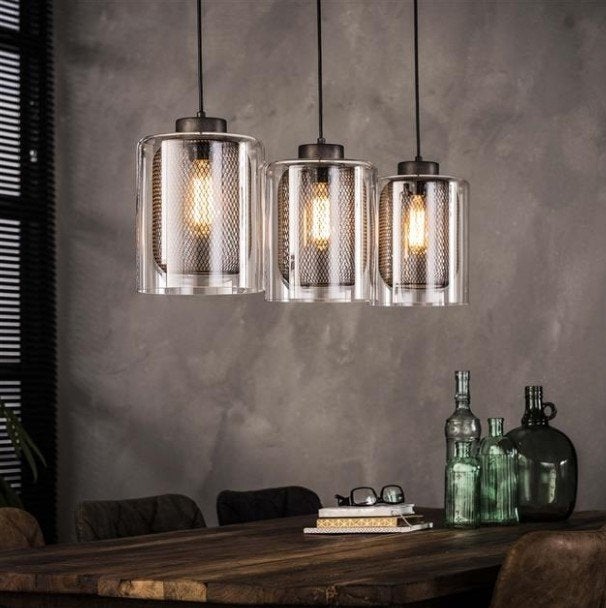 Hanglamp 3xØ20 raster-glas - Oud zilver, Nieuw, Industrieel, Modern, Glas, E27 (groot)