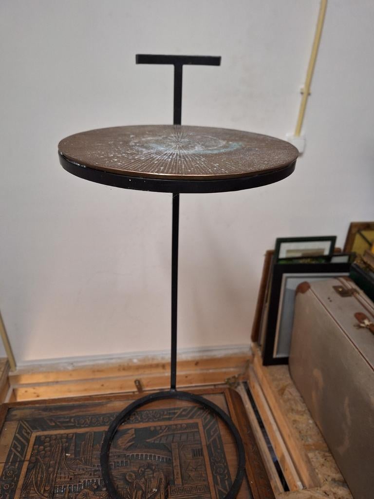 Unieke Bijzettafel met Koperen Blad en Metalen Onderstel, Antiek en Kunst, Ophalen