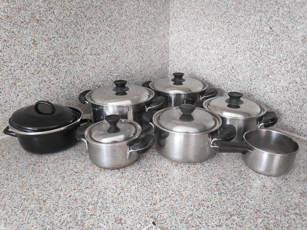 Complete Amerosta Thermowarm pannenset 7-delig incl braadpan, Ophalen, Gebruikt, Rvs, Pannenset