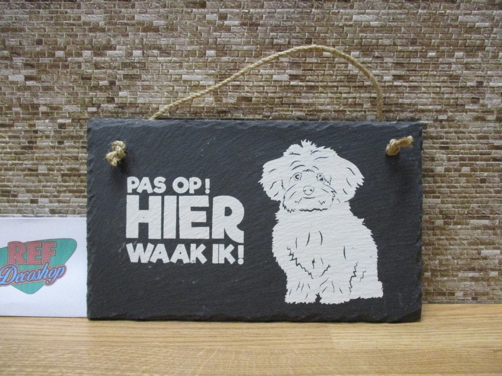 leisteen bordje pas op hier waak ik, maltezer, 15x25 cm, Tekstbord, Met afbeelding, Steen/keramiek, Nieuw