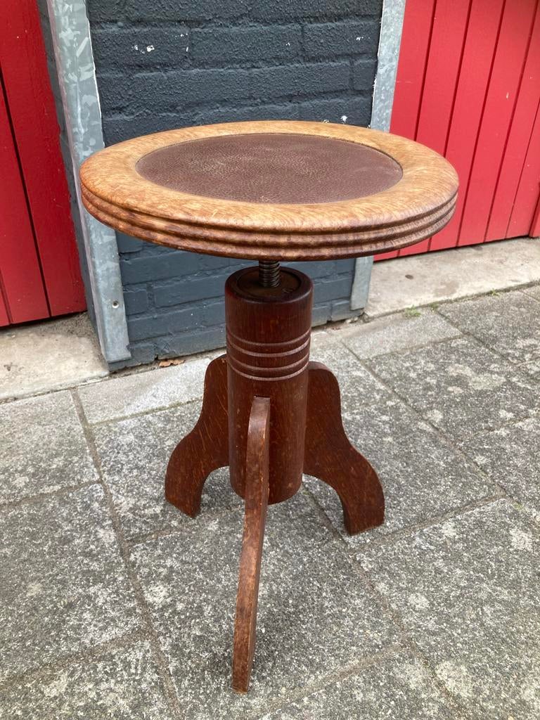 Antieke piano kruk met leren blad, verstelbaar, ca. 1950, Ophalen of Verzenden