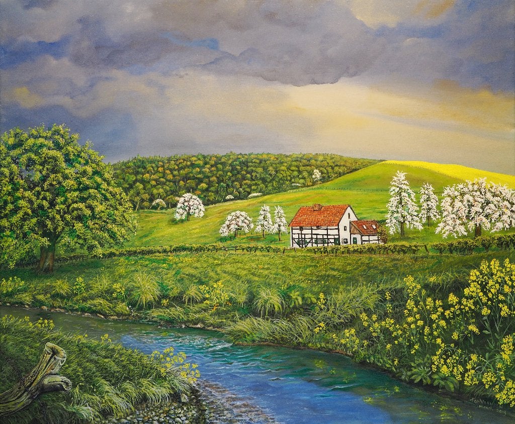schilderij: "Lente in Zuid – Limburg ", Antiek en Kunst, Kunst | Schilderijen | Klassiek, Landschap, Realistisch, Olieverf, Doek
