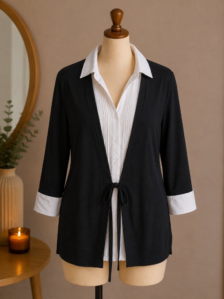 2-delig dames set vest/blouse zwart/wit maat 42/44 L, Zwart, Maat 42/44 (L), Ophalen of Verzenden, Zo goed als nieuw