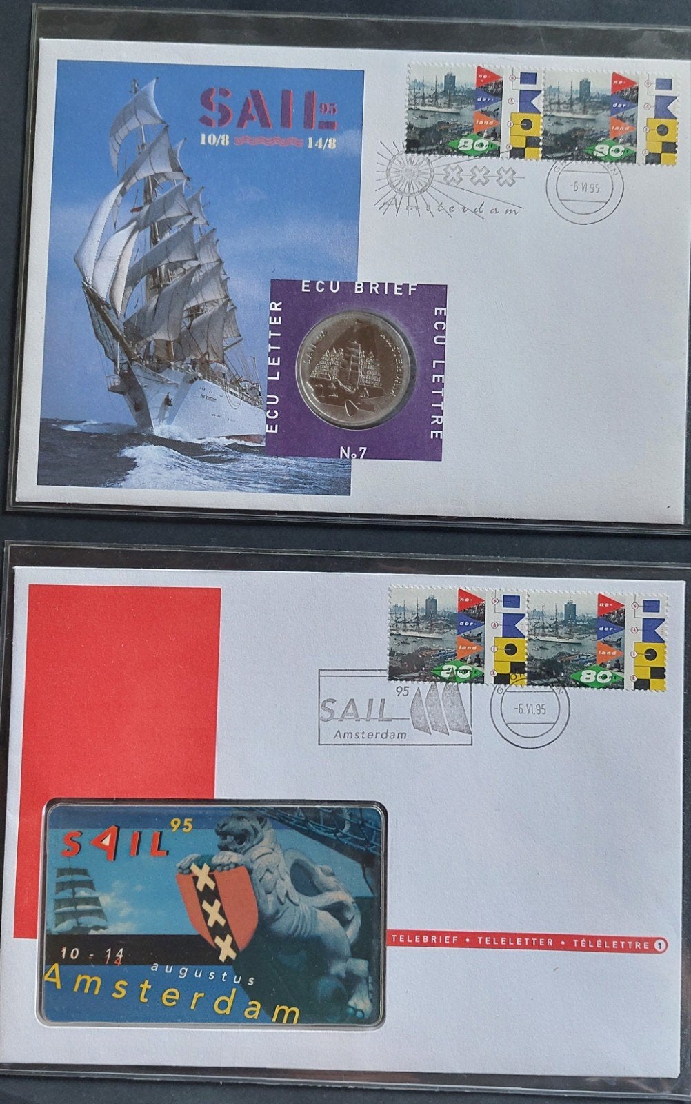 Ecubrief 7 en Telebrief 1 - Sail '95 Amsterdam, Postzegels en Munten, Postzegels | Eerstedagenveloppen, Ophalen of Verzenden, Onbeschreven