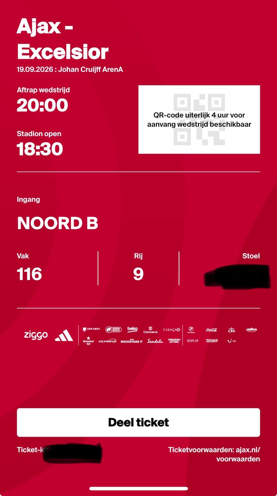 Losse kaart Ajax - Excelsior vak 116 rij 9, Eén persoon