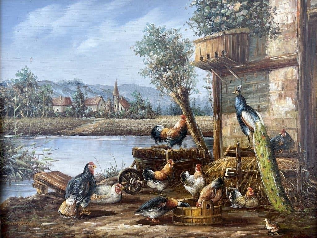 Olieverf schilderij H. Hoppe  gesigneerd rechts onder, Paneel, Dieren, Ophalen of Verzenden, Olieverf