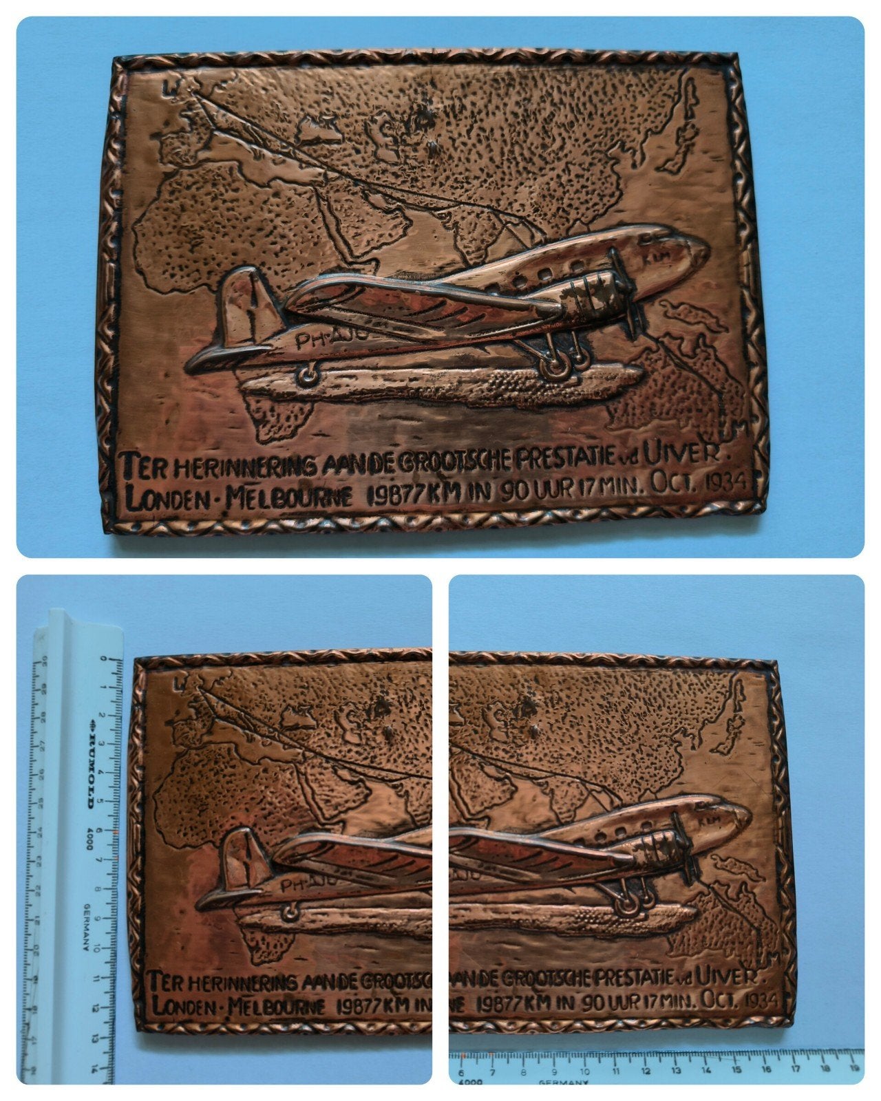 Te koop: Koperen reliëf vliegtuig Uiver / KLM, Ophalen of Verzenden, Zo goed als nieuw, Zwart, Minder dan 95 cm