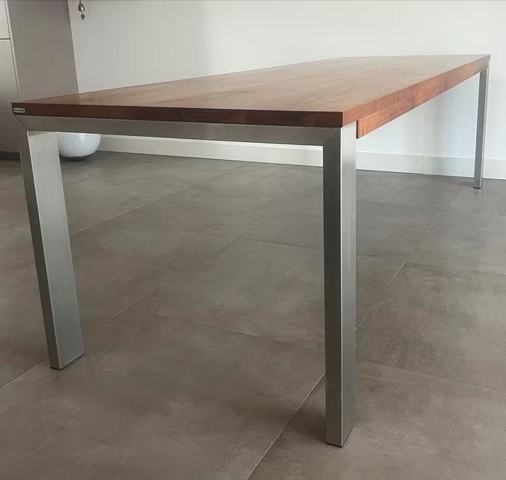 Bert Plantagie tafel notenhout RVS 220x100cm, Ophalen, Rechthoekig, 200 cm of meer, 50 tot 100 cm