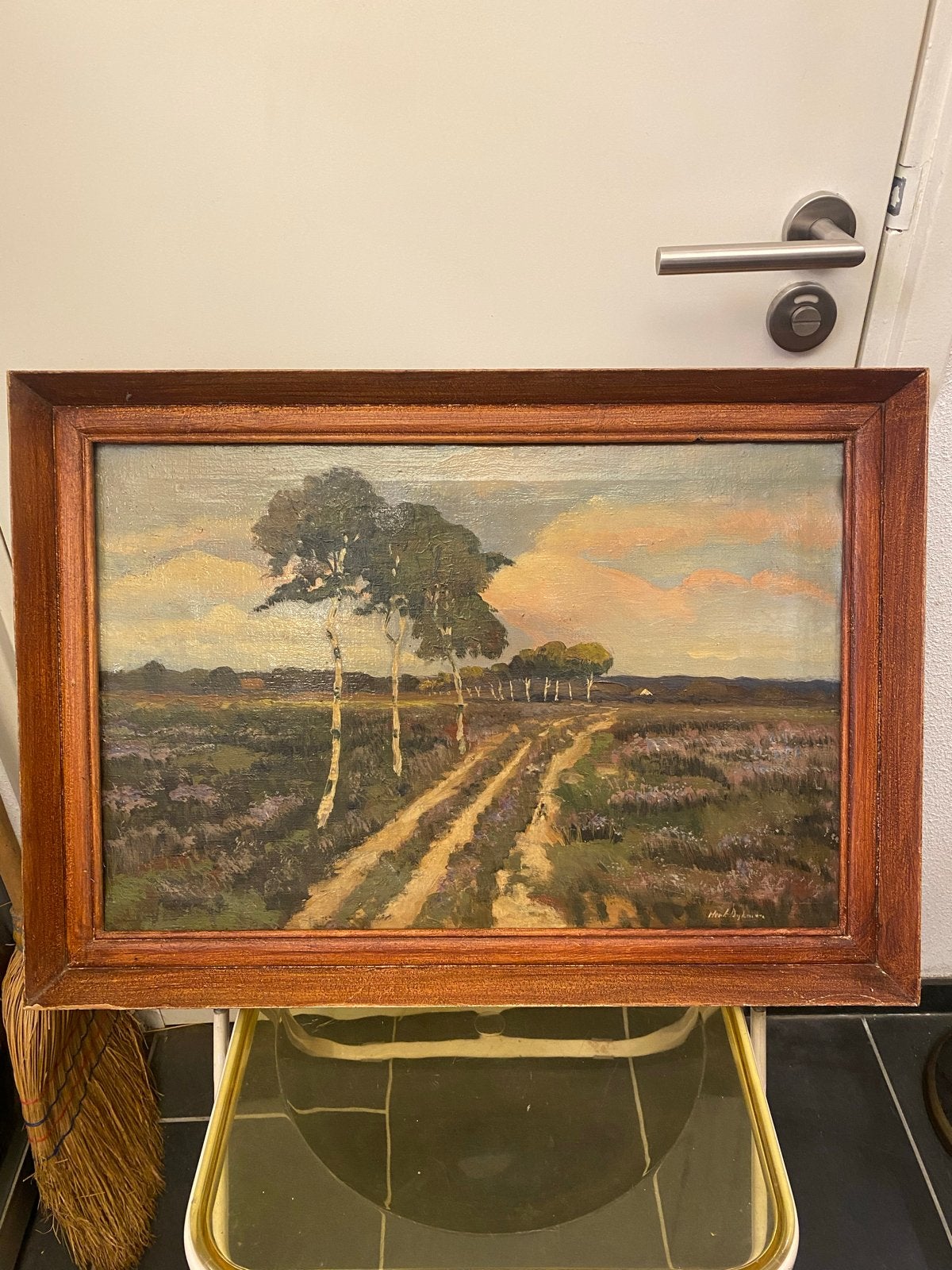 Olieverfschilderij: Heidegezicht met berken en zandpad, Ophalen of Verzenden