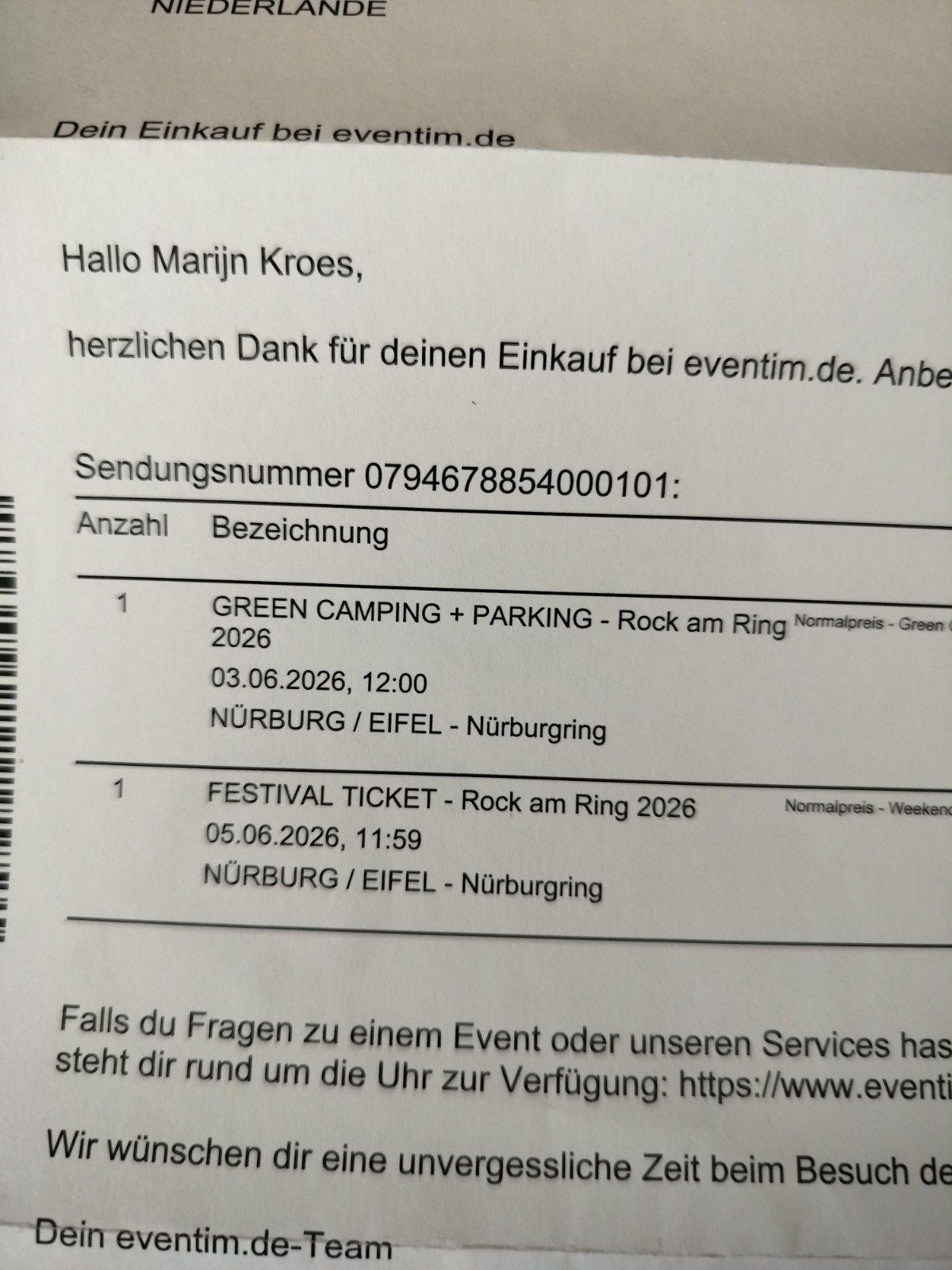 Weekendticket + camping&parking ticket Rock Am Ring 2026, Eén persoon