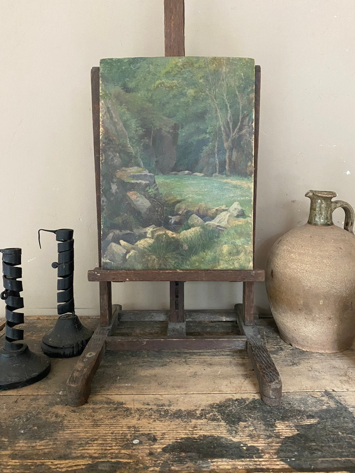 Antiek frans schilderij, bos met beek, Ophalen of Verzenden