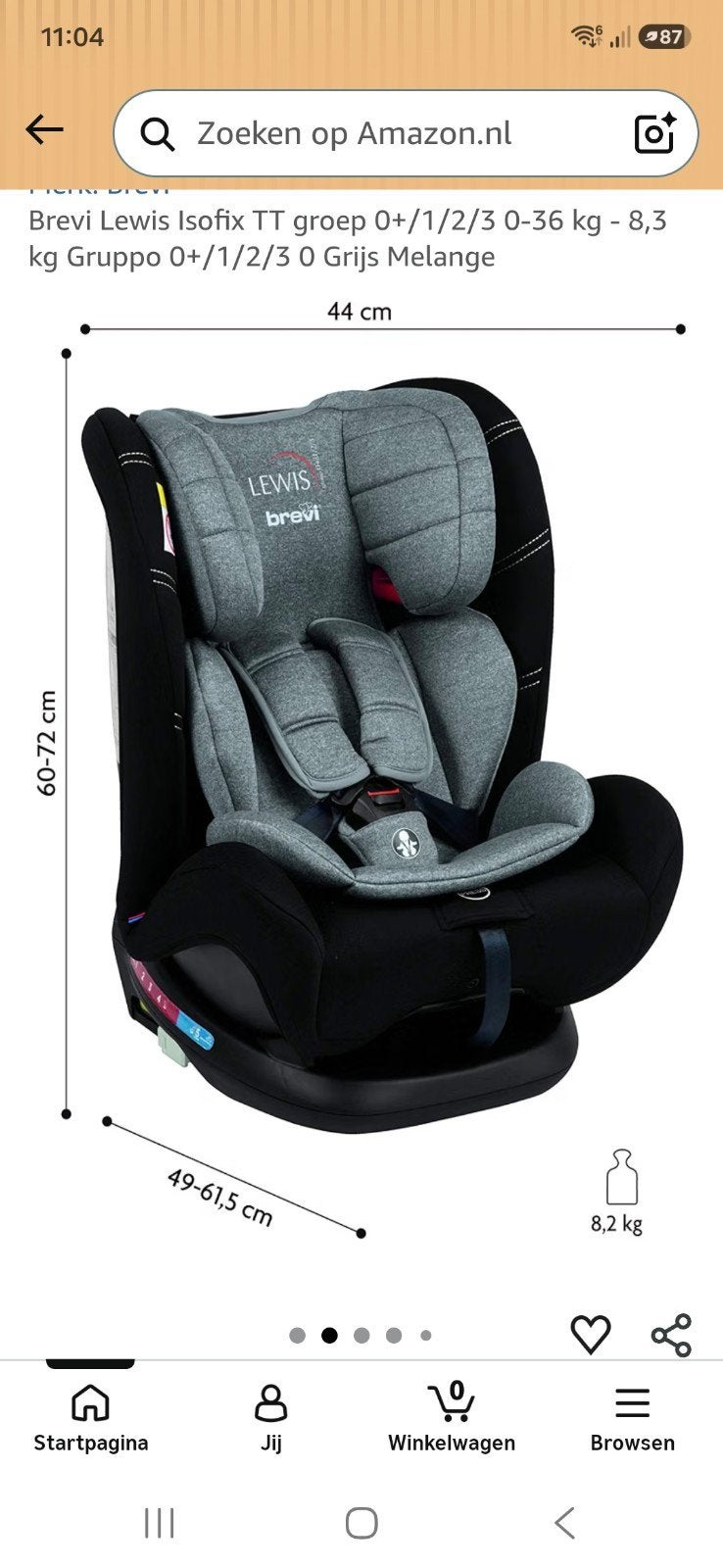 Brevi Lewis Isofix TT Autostoel 0-36 kg Grijs Melange, Gebruikt, Ophalen, Overige merken, Verstelbare rugleuning