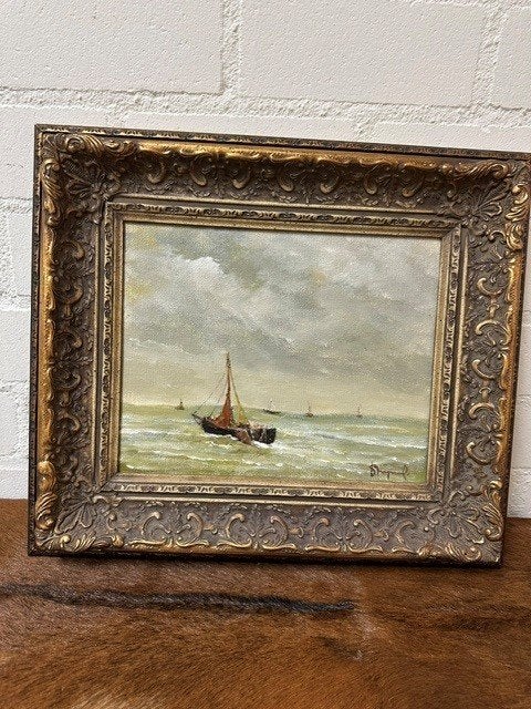 Zeegezicht op doek – zeilboot – klassieke goudlijst, Ophalen