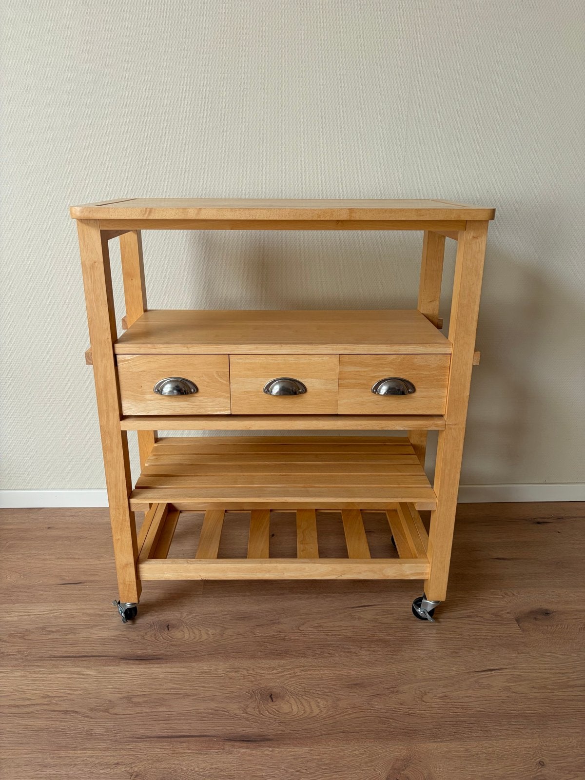 Houten Keukentrolley met Lades en Wieltjes, Gebruikt, Hout, Keukentrolley, Ophalen of Verzenden
