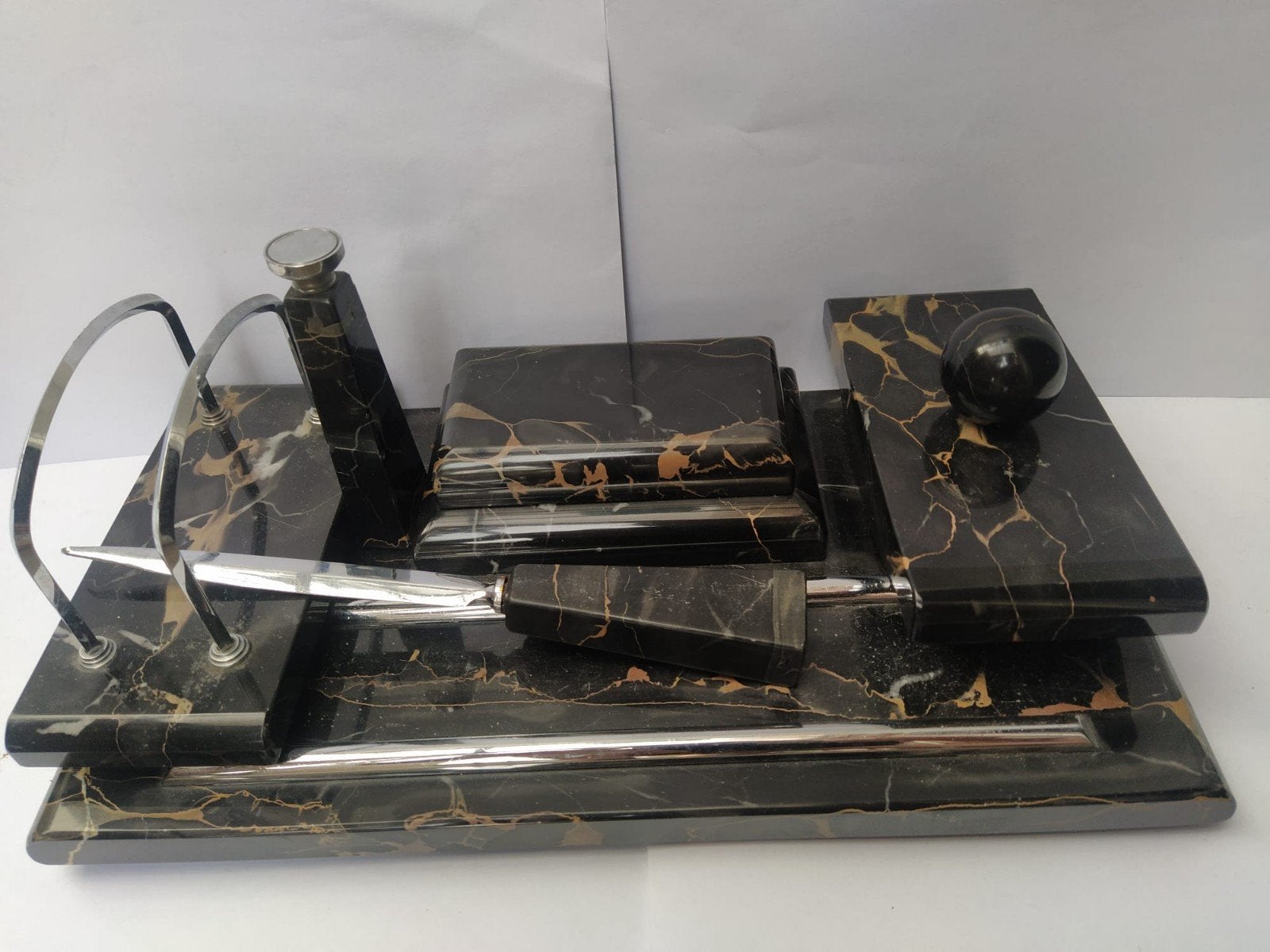 Antieke Marmeren Schrijfset - Zwart met Goud, Antiek en Kunst, Ophalen of Verzenden