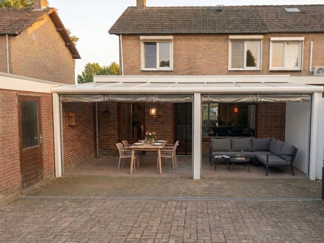 Veranda met platen en zeilen 6,70m x 3m, Ophalen, Zo goed als nieuw, Veranda