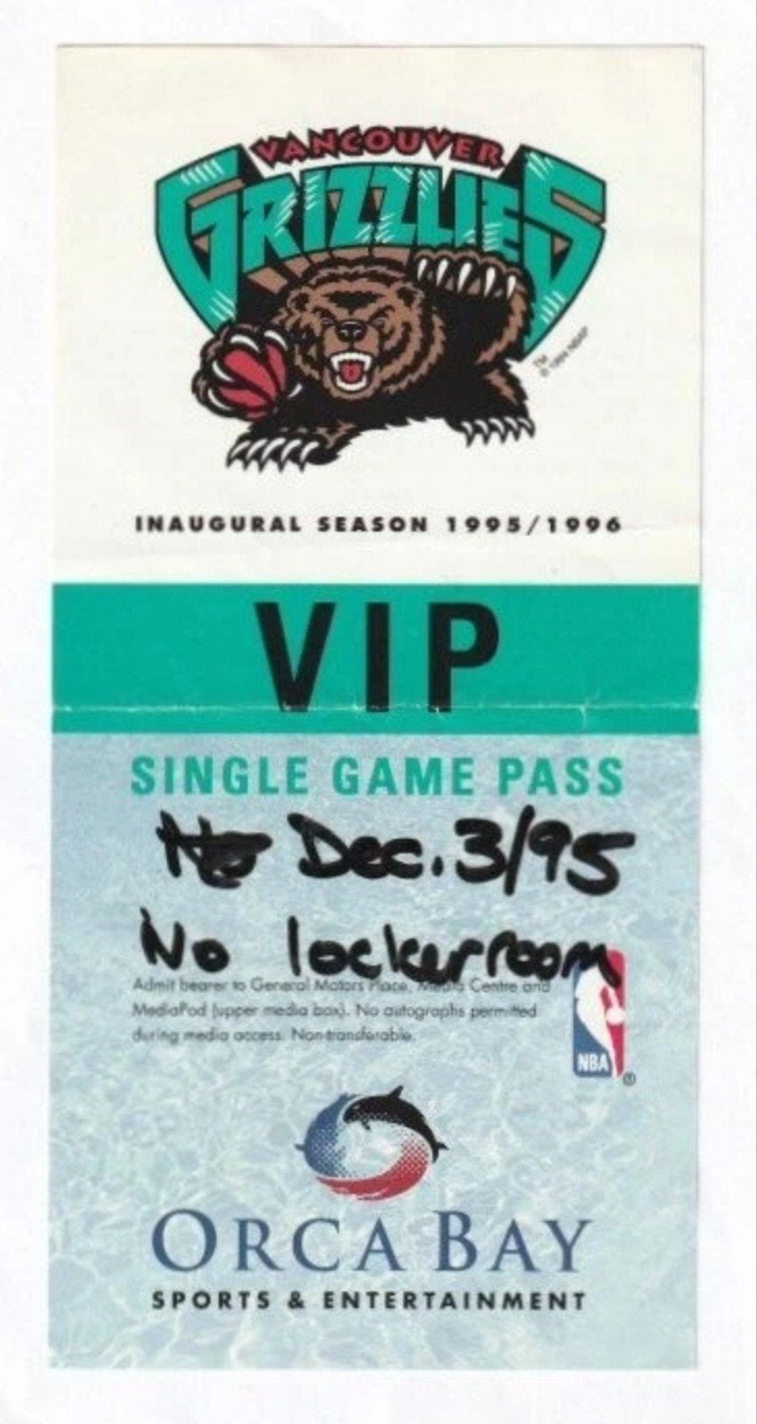 Inaugural Season 1995 Vancouver Grizzlies a Vintage Ticket, Ophalen of Verzenden