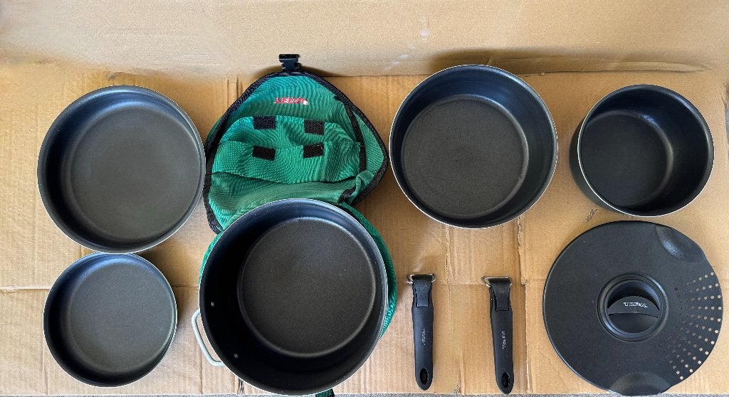 camping pannen set  Tefal, Huis en Inrichting, Keuken | Potten en Pannen, Ophalen, Afneembaar handvat, Aluminium, Pannenset