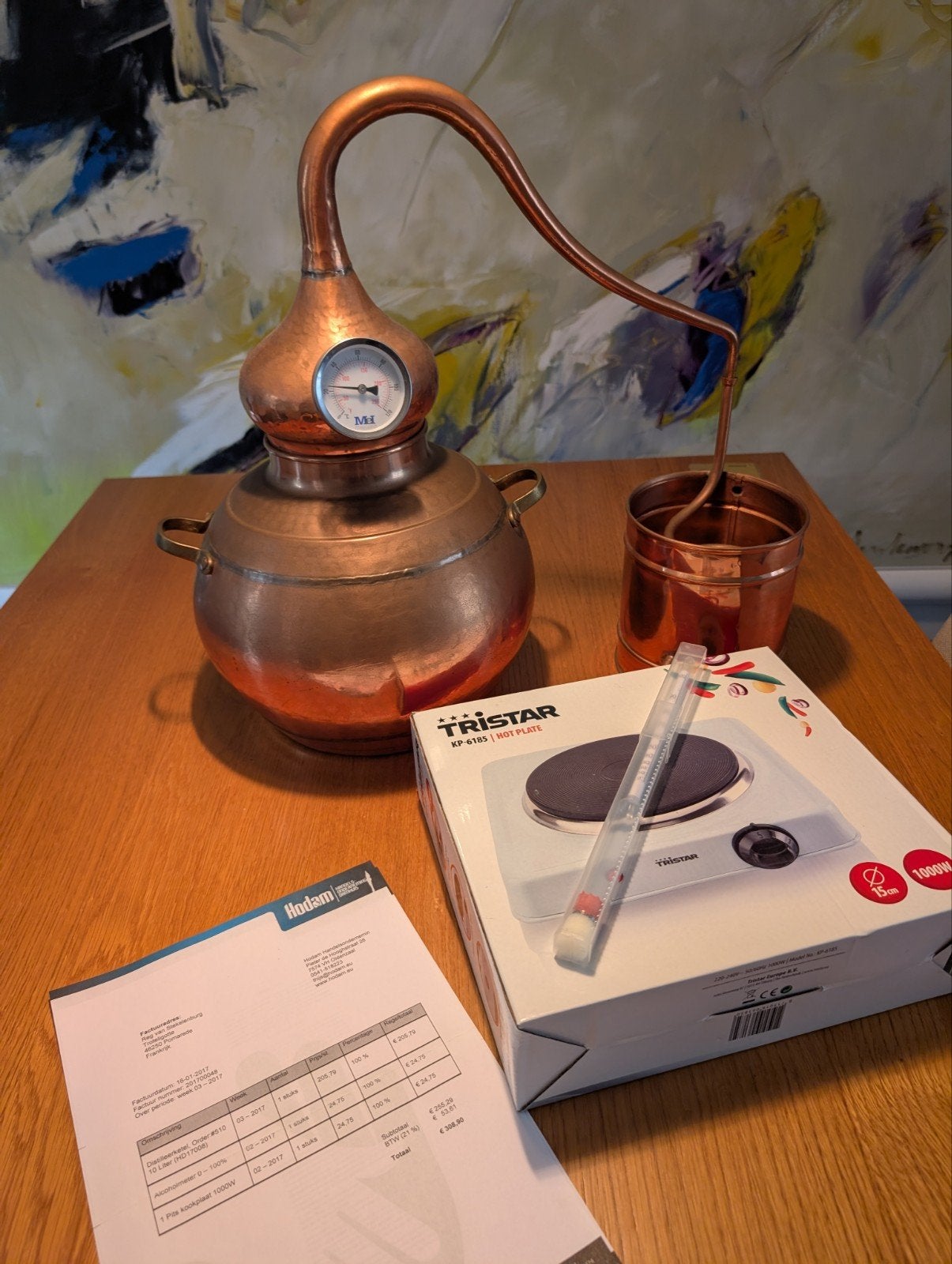 Koperen distilleerketel met kookplaat en alcoholmeter, Ophalen, Nieuw