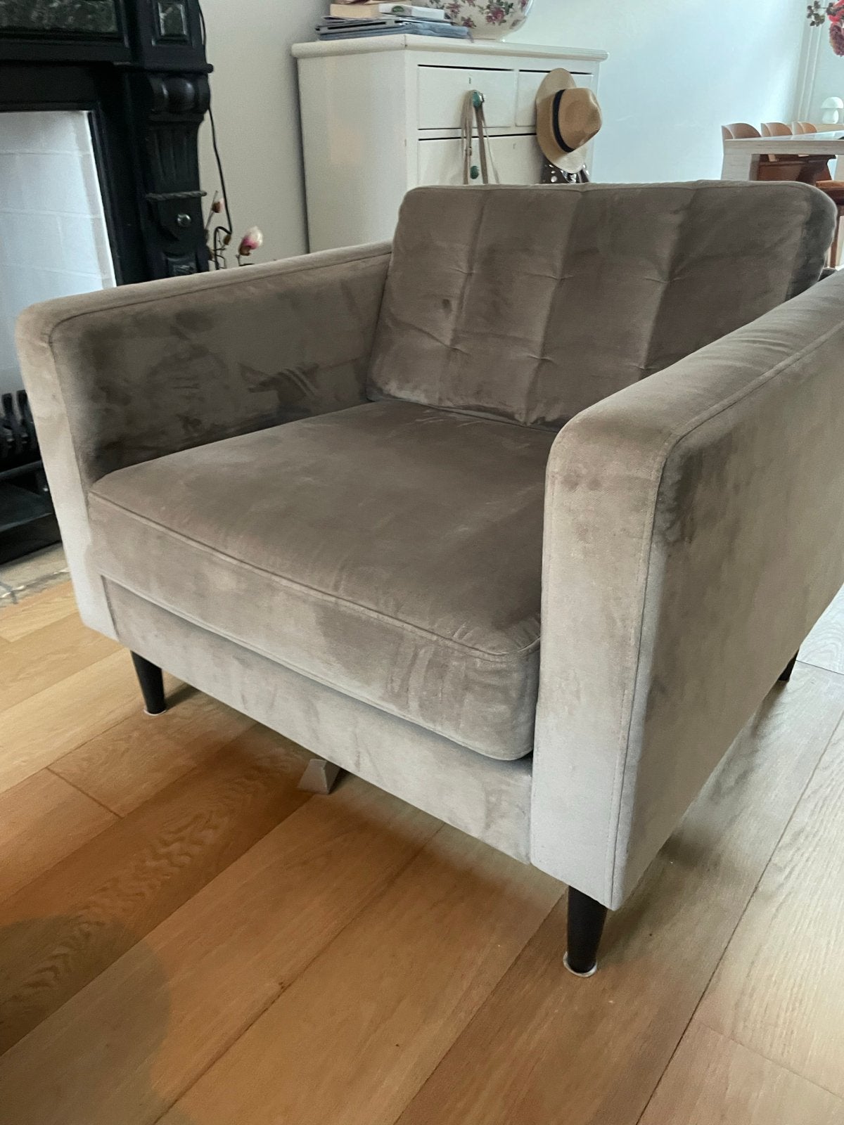 Woood olijfgroen velvet fauteuil, Ophalen, Gebruikt, 75 tot 100 cm, 75 tot 100 cm