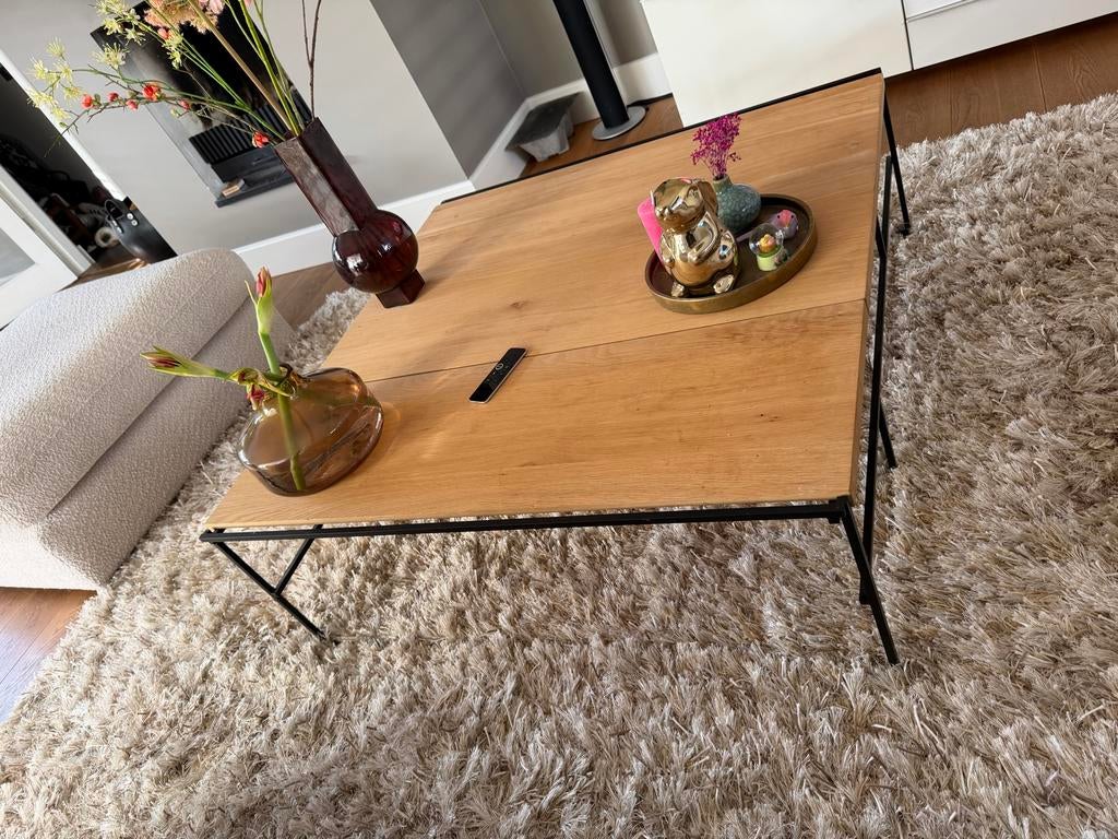 Salon tafel eiken en metaal onderstel 100x100 cm, Huis en Inrichting, Tafels | Salontafels, Ophalen, 100 tot 150 cm, Zo goed als nieuw