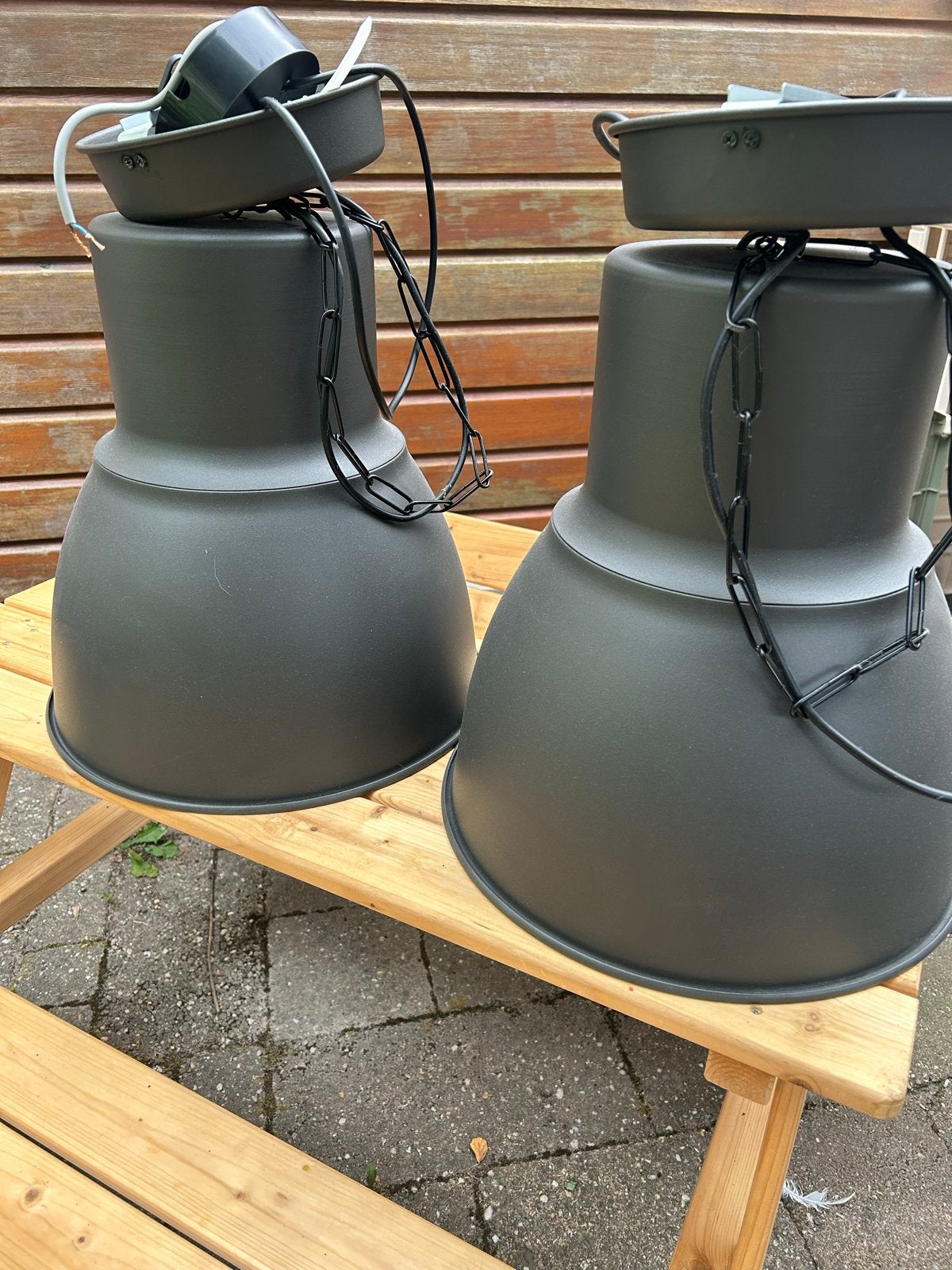 2x Industriële hanglampen, donkergrijs, 40 cm hoog, Ophalen, Gebruikt, Metaal, E27 (groot)