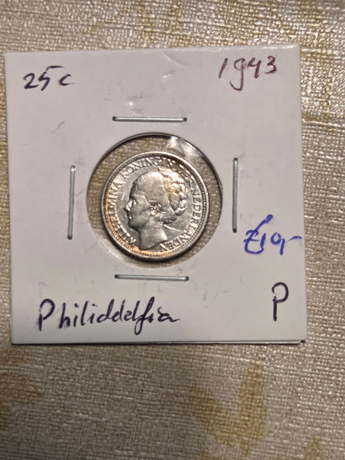 Zilveren 25 cent munt Koningin Wilhelmina 1943P, Zilver, 25 cent, Ophalen of Verzenden, Koningin Wilhelmina