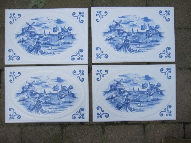 Set van 4 stuks 20x30 cm witte tegel met blauwe afbeelding, Ophalen of Verzenden, Nieuw, Steen/keramiek