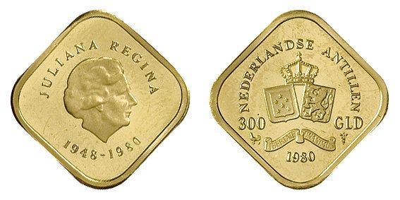 Ned. Antillen 300 Gulden 1980 Goud., Ophalen of Verzenden, Koningin Juliana, Goud