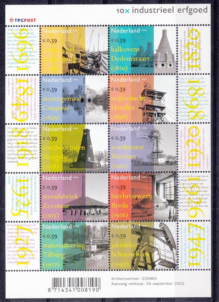 Nederland Postzegelvelletje Industrieel Erfgoed 2002, Ophalen of Verzenden