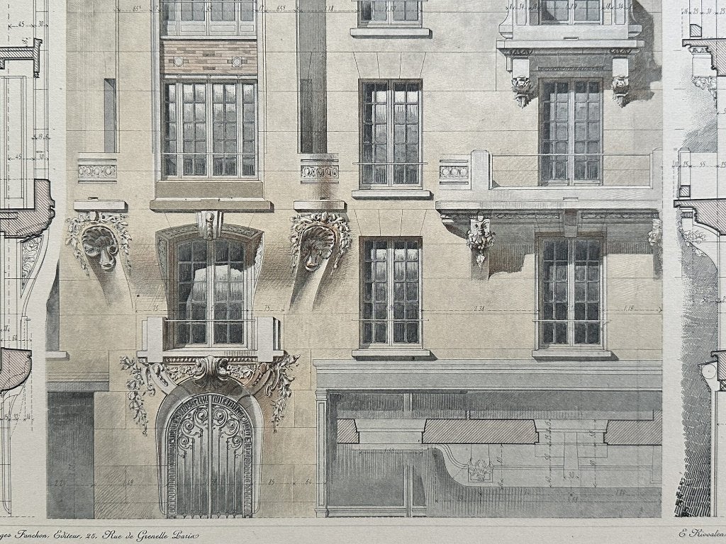Belle Époque Parijs Facade - Antieke lithografie 1910, 40 cm, 50 cm, Architectuur, Ophalen of Verzenden