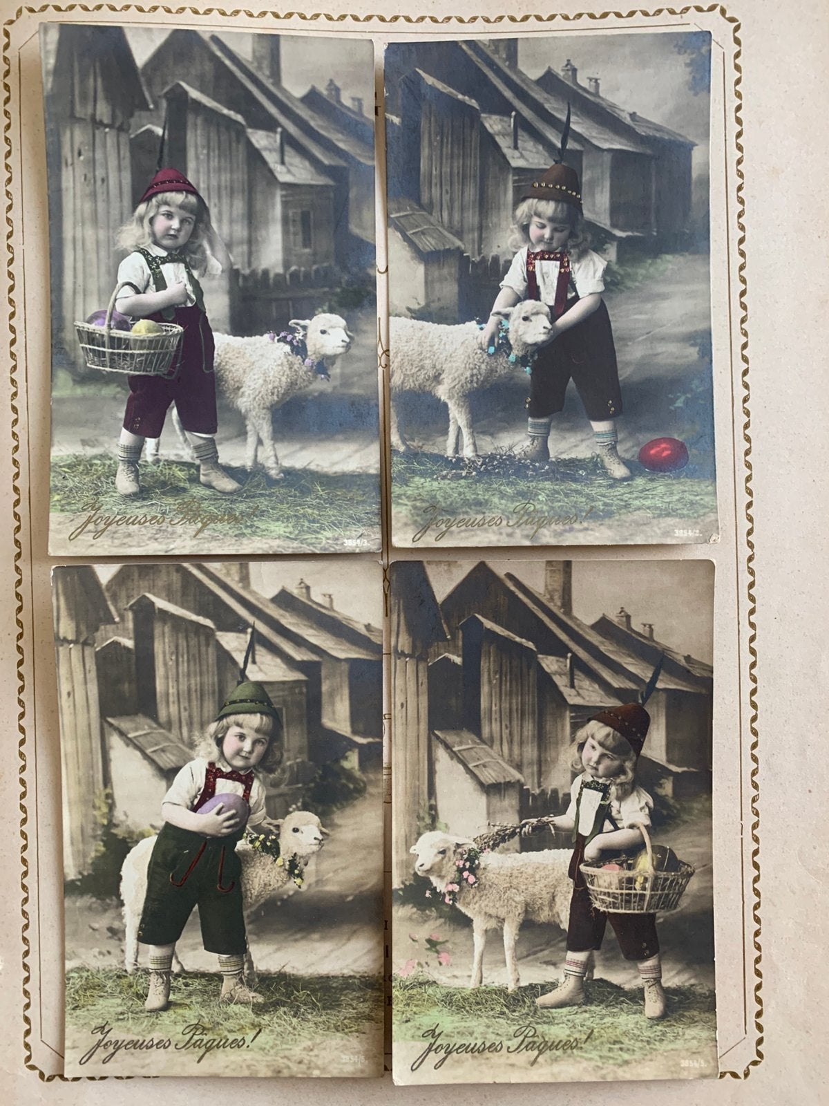 1910 4x Joyeuses Pâques - meisje met lam en paaseieren (II), Ophalen of Verzenden, Voor 1920, Gelopen, Feest(dag)