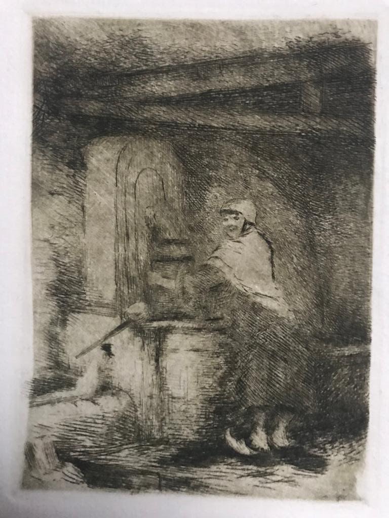 Kleine, zeer oude ets "Vrouw bij de waterpomp", 11,5x8,2 cm., 8 cm, Dagelijks leven, Ets, Ophalen of Verzenden