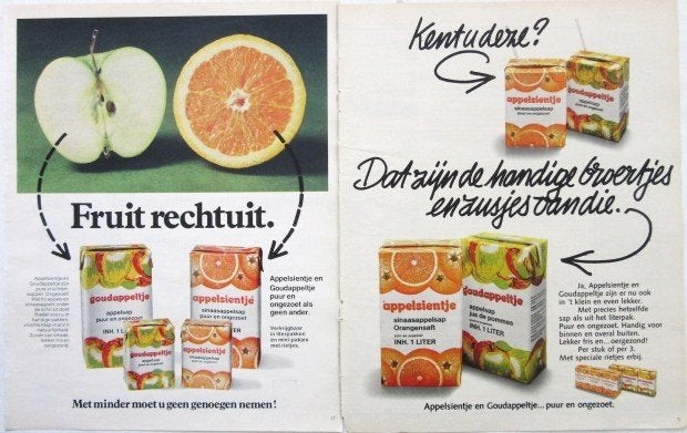 17 vintage advertenties frisdrank 70-6 Appelsientje Ninello, Ophalen of Verzenden, Zo goed als nieuw, Reclamebord