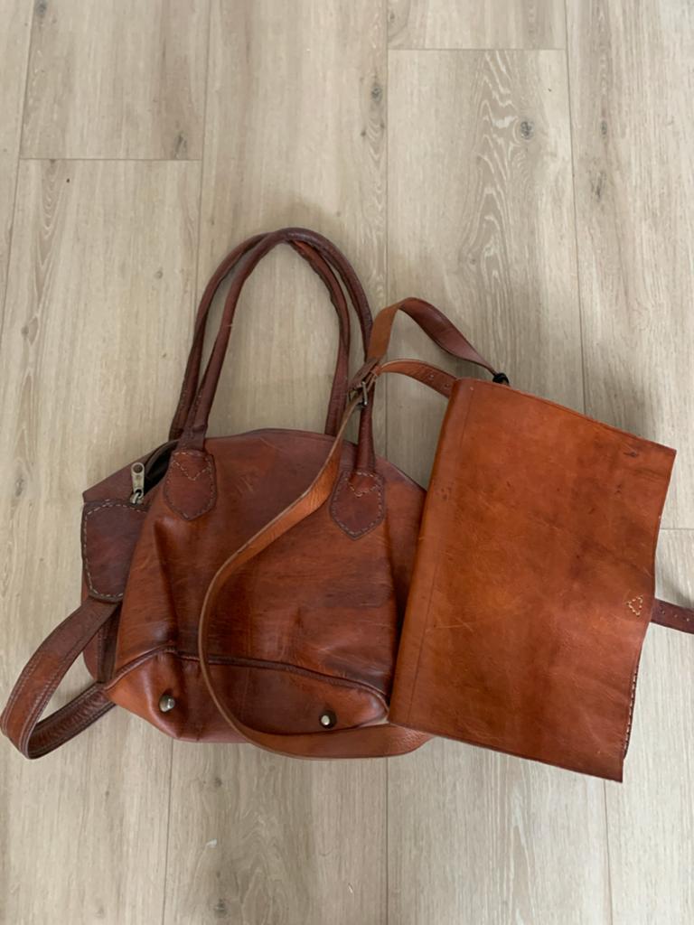 Vintage Handtas en schooltas van echt leer, Sieraden, Tassen en Uiterlijk, Tassen | Damestassen, Ophalen of Verzenden, Gebruikt