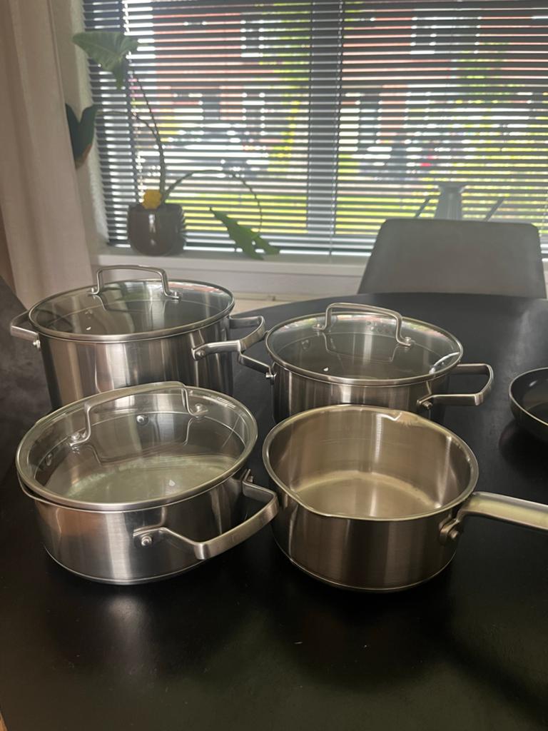 GreenPan Pannenset - RVS met glazen deksels, Huis en Inrichting, Keuken | Potten en Pannen, Ophalen, Gebruikt, Keramische plaat