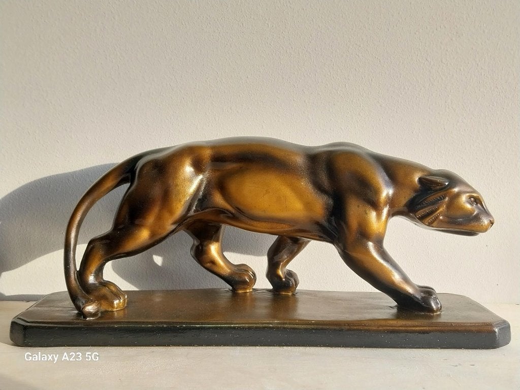 Grote Art Deco panter Santi gesigneerd 54 cm, Antiek en Kunst, Art deco, Gips, Zoogdier, Bruin