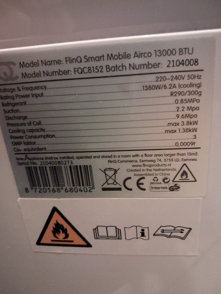 FlinQ Smart Mobiele Airco 13000 BTU met Afstandsbediening, Ophalen, 3 snelheden of meer, Zo goed als nieuw, Koelen en Ontvochtigen