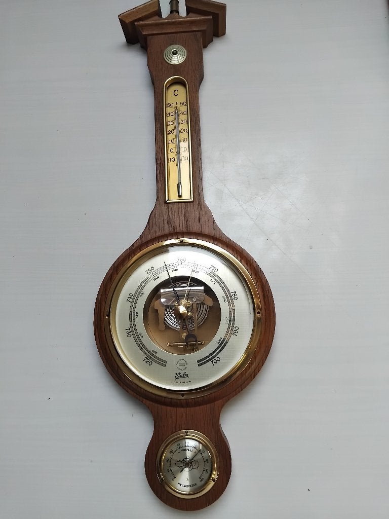 Wuba Weerstation met 3 Instrumenten, Eikenhout, 1964, Ophalen of Verzenden, Zo goed als nieuw, Barometer