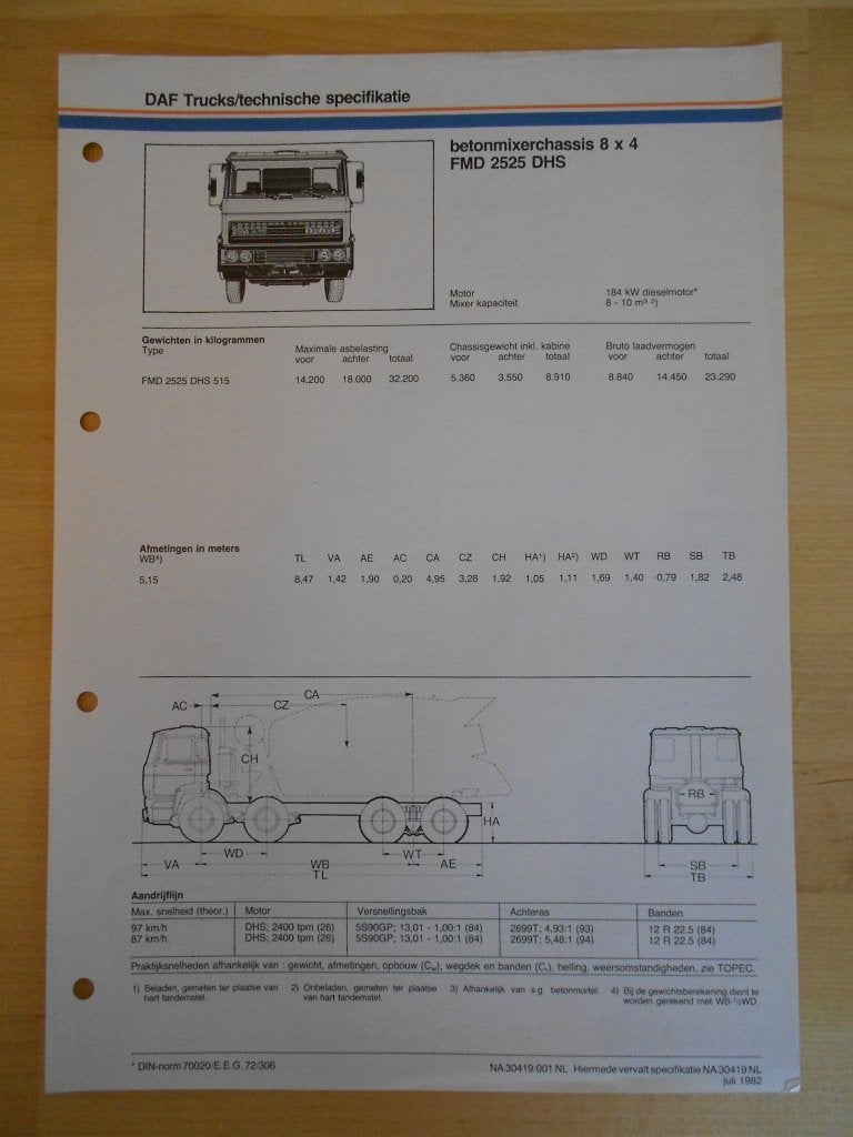 DAF FMD 2500 DHS Technische Specificatie Folder 1982 – 8x4, Ophalen of Verzenden, Zo goed als nieuw, Overige merken, DAF